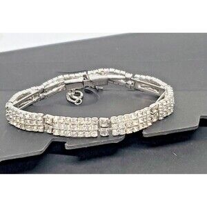 Vintage Weiss Signed 3 Row Clear Rhinestone Bracelet Safety Chain 7" Silver Tone